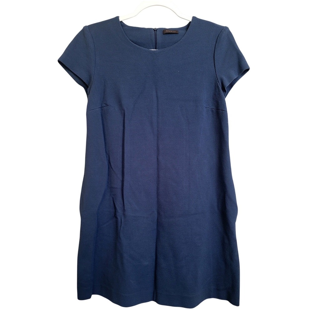 Peserico Navy Blue Textured Stretch Shift Short Shirt Dress Italy Pockets US 4